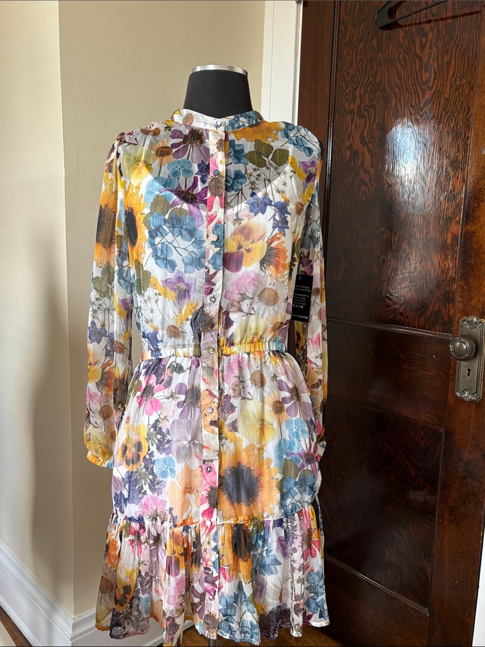 Boston Proper Floral Tiered Long-Sleeve Dress Sheer Slip Button Down Metallic